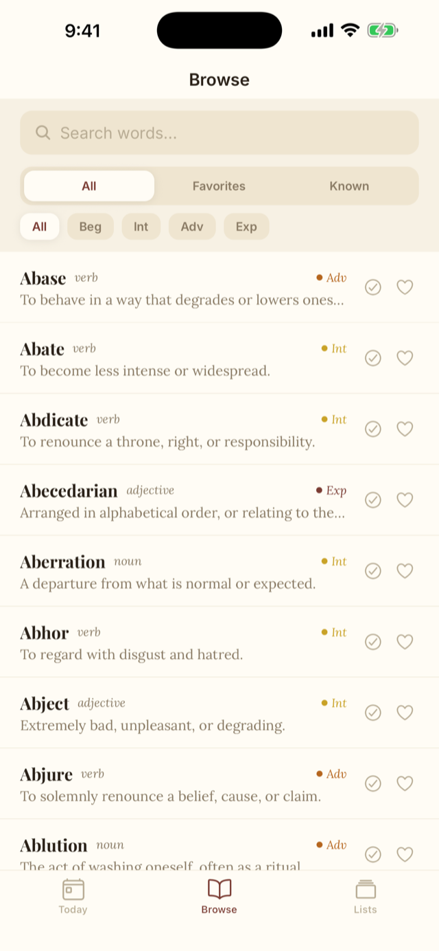 Wordhoard's browse screen with search and difficulty filters over the full dictionary