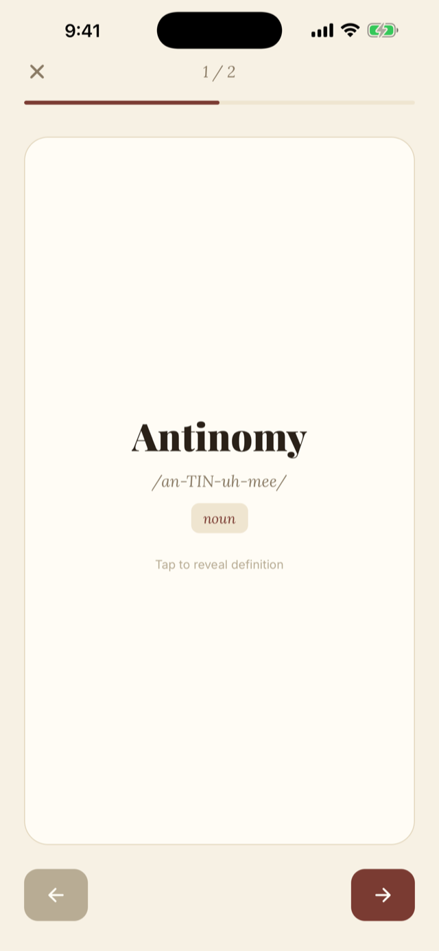Wordhoard's flashcard review mode showing the word Antinomy before the definition is revealed