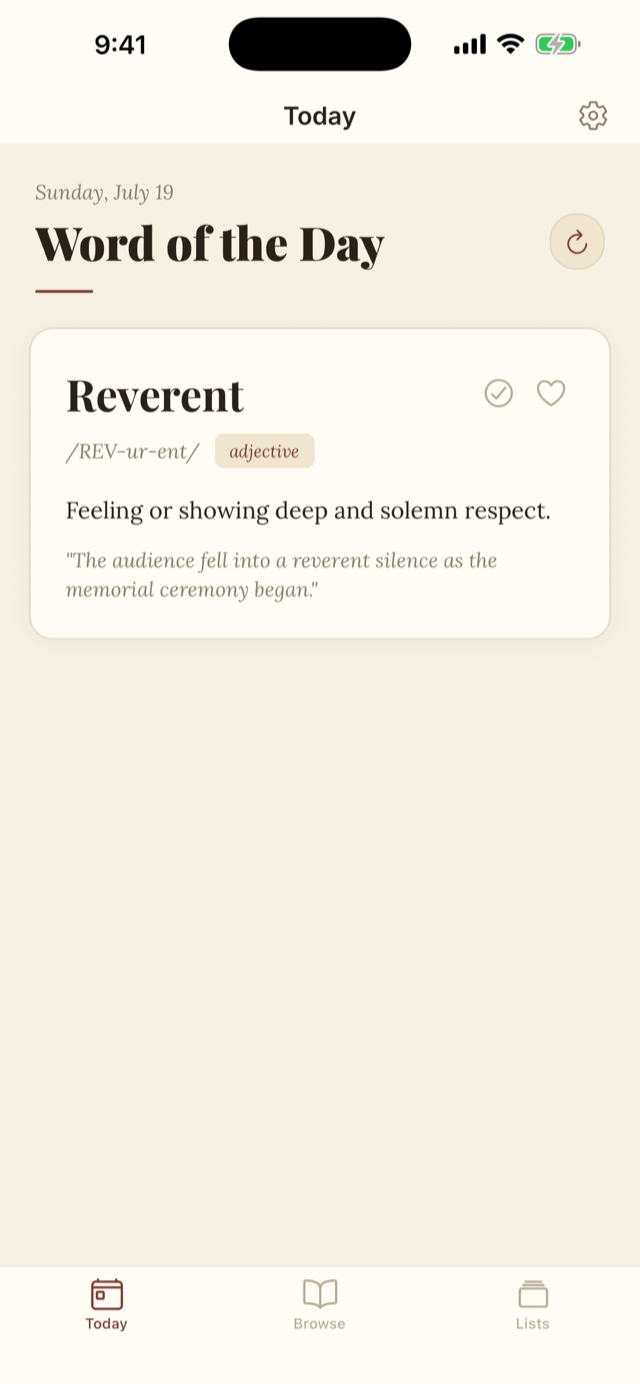 Wordhoard's Word of the Day screen showing the word Reverent with pronunciation, definition, and example sentence