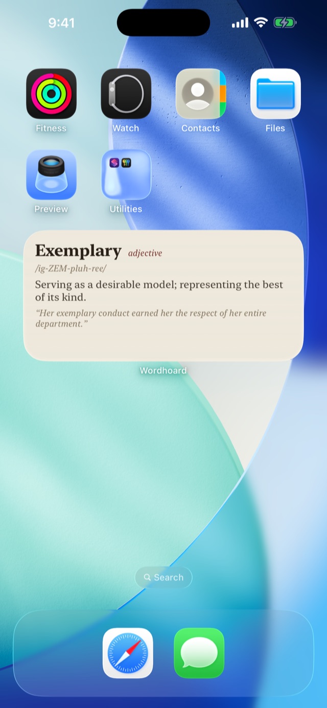 Wordhoard's Home Screen widget showing the word Exemplary with its definition and example